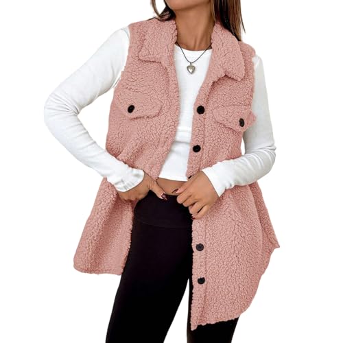 Women's Fuzzy Fleece Vest Fleece Sherpa Jacket Lapel Button Down Sleeveless Jacket Casual Trendy Warm Outerwear