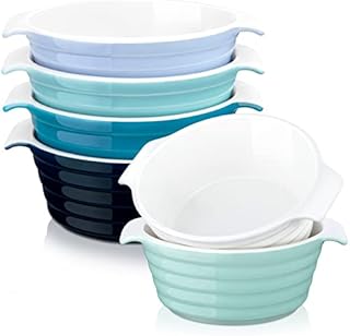 LOVECASA Ceramiczne naczynia do sufli, okrągłe podwójne uchwyty - Ramekiny - pieczenie, 150 ml do puddingu, kremowej brulei, sufli - zestaw 6 (niebieski)