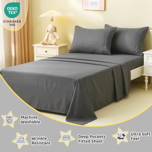 Image of Viviland 3 Pieces Boys Twin Sheets Set Kids, Dark Gray Bed Sheets | Breathable & Soft Microfiber Kids' Sheet & Pillowcase Sets, Fitted Sheet with 15 inch Deep Pocket and Corner Straps, Easy Care