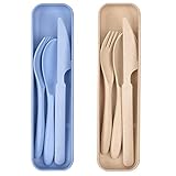 El paquete incluye: 2 juegos de cubiertos portátiles con azul, beige. Cada juego de cubiertos incluye un tenedor, una cuchara y un cuchillo.