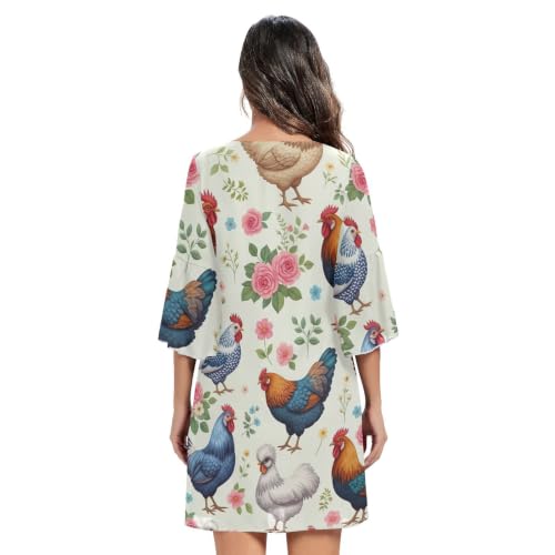 Robe en mousseline de soie pastel à manches 3/4 motif poulets - 4