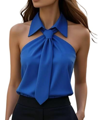 Women Blouse Tie-Neck Halter Sleeveless Shirt Bow Tie Bodycon Top Off Shoulder Casual Pullover