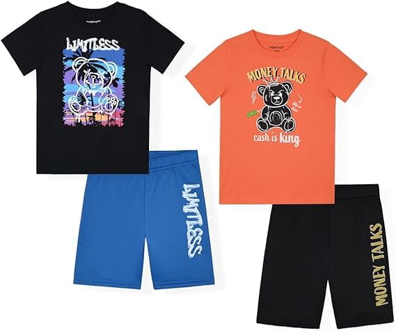 Boys 4 Piece short set Casual summer Outfit with Graphic Tee Matching shorts soft Breathable Fabric for Active Kids