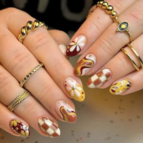 Fall Press on Nails Brown Oval Shape Fake Nails Cute Flower Check...