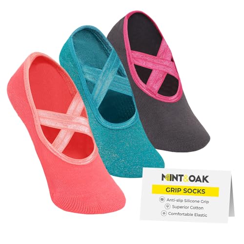 Image of Mint & Oak Pilates Socks with Grips for Women, Ankle Length Non-Slip Yoga Socks, Cotton Ideal For Yoga, Pilates, Gym, Workout, Cute Women's Gift