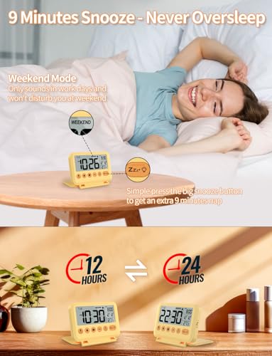 Image of Digital Travel Alarm Clock - 3.54 inch LCD Display, 9-Minute Snooze, 2 Volume Levels, Backlight, Battery Included (Yellow)