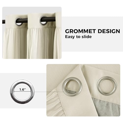 Image of 100% Blackout Curtains for Bedroom, Double Layer Beige Curtains, Black Out Curtain 108 inch long With Sheer Overlay for Living Room, Room Darkening Window Drapes with Grommet, 52 inchW x 108 inchL