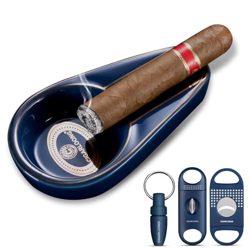 CIGARLOONG Set di posacenere e tagliasigari. Posacenere in ceramica con tagliasigari a V, tagliasigari a ghigliottina e punzone per sigari. Un set di accessori per sigari, regalo per uomini (Blu)