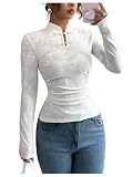 SOLY HUX Women's Jacquard Cheongsam Top Mock Neck Long Sleeve Ruched Tops Apricot Medium