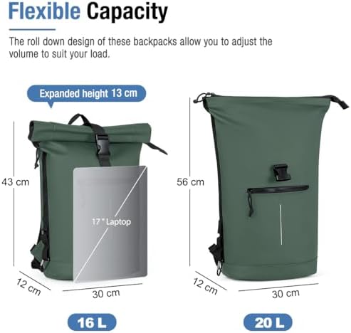 Lekeinchi Wasserdichter Rolltop Rucksack für Damen und Herren - Großes Laptop Fach für 17 Zoll - Elegant für Reisen, Rad