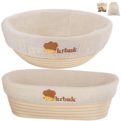 Banneton Bread Proofing Basket, Proofing Basket for Sourdough Bread Baking, Indonesian Rattan Bread Bowl Sourdough bread Baking Supplies with Linen Liner (9" Round + 10" Oval)