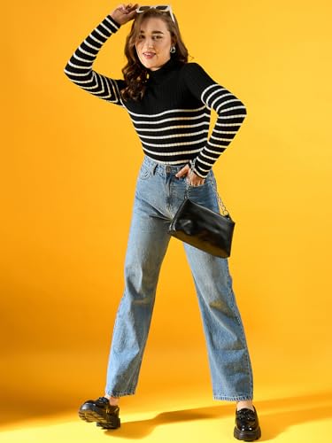 Image of 98 Degree North Women Cotton Self Design High Neck Pullover Has A Full Sleeves and Straight Hem-RG1157-BLACK