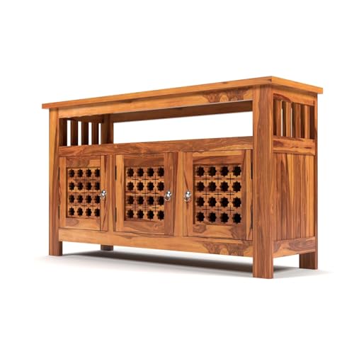 Image of Solid Sheesham Wood Wooden Sideboard Storage Cabinet & Chest of Drawer : Ideal for Living Room and Bedroom with 3-Shelf Storage (Hurtado, Honey Finish)