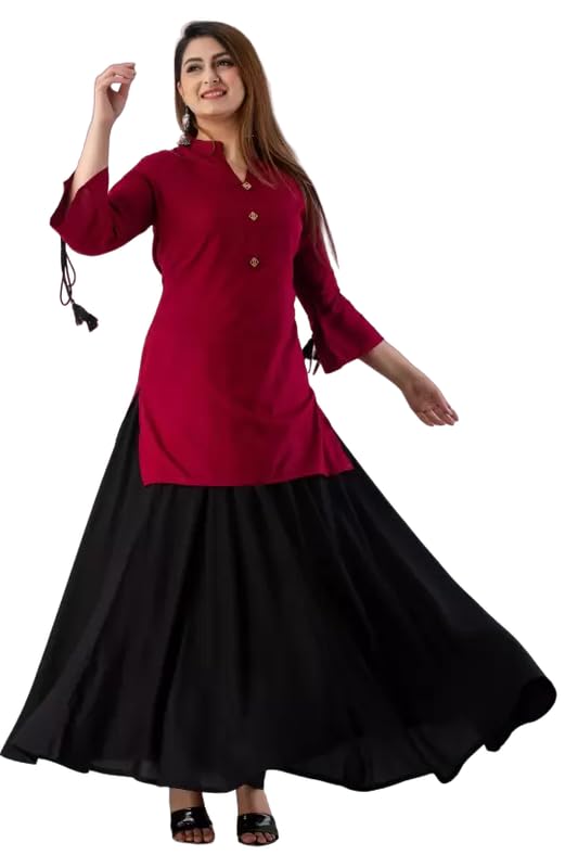 SONIYA Fashion Women's Viscose Rayon Ethinic Wear 3/4 Sleeve Lightweight Latest Fully Stitched Kurta with Skirt Set