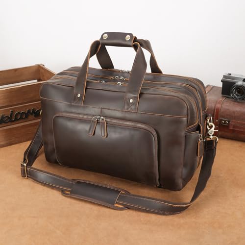 Polare 18" Full Grain Leather Luggage Airlines Personal Item Bag Business Carry On Suitcase Weekender Overnight Travel Duffel Bag for Men (Dark Brown-18.5")2