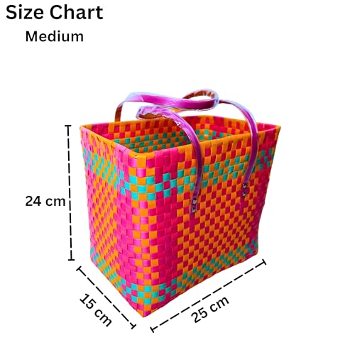 Image of Hand Made Multipurpose Plastic Basket with Lid | Eco-Friendly, Washable, Rust-Free Storage Basket for Kitchen, Picnic, Toys, Travel, Office | Lightweight basket (Orange with yellow, M)