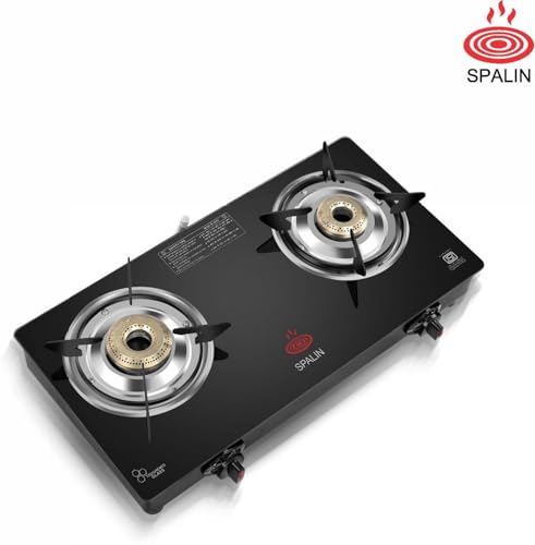 Image of AI Glass Automatic Gas Stove 2 Burner | Toughened Crystal Glass Top | Auto Ignition | ISI Certified | Durable Brass Burners | Sleek Black Countertop Gas Stove for Modern Kitchen