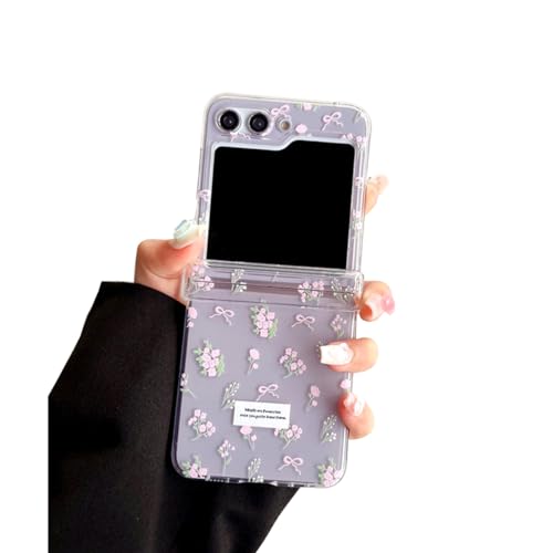 GO-VOLMON Lovely Pink Flowers Case for Samsung Galaxy Z Flip 5 Cute Bows Print, Woman Elegant Floral Cover with Hinge Protector, Girls Clear PC Case for Z Flip 5