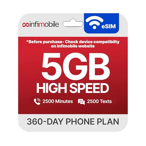 $15/Month | Infimobile Prepaid Plan: 12 Months V Network | 5GB High-Speed Data Per Month | 2500 Minutes and 2500 Text| Prepaid Plan eSIM USA, Quick Activation | Nationwide Coverage | 4G, 5G Network