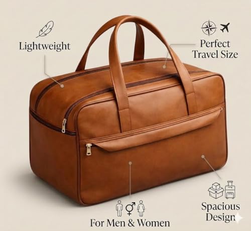 Image of Premium Leather Travel Duffel Bag, Brown, 38x25x30 cm, Large Capacity, Water-Resistant, Weekender Overnight Gym Carry-On Bag for Men and Women