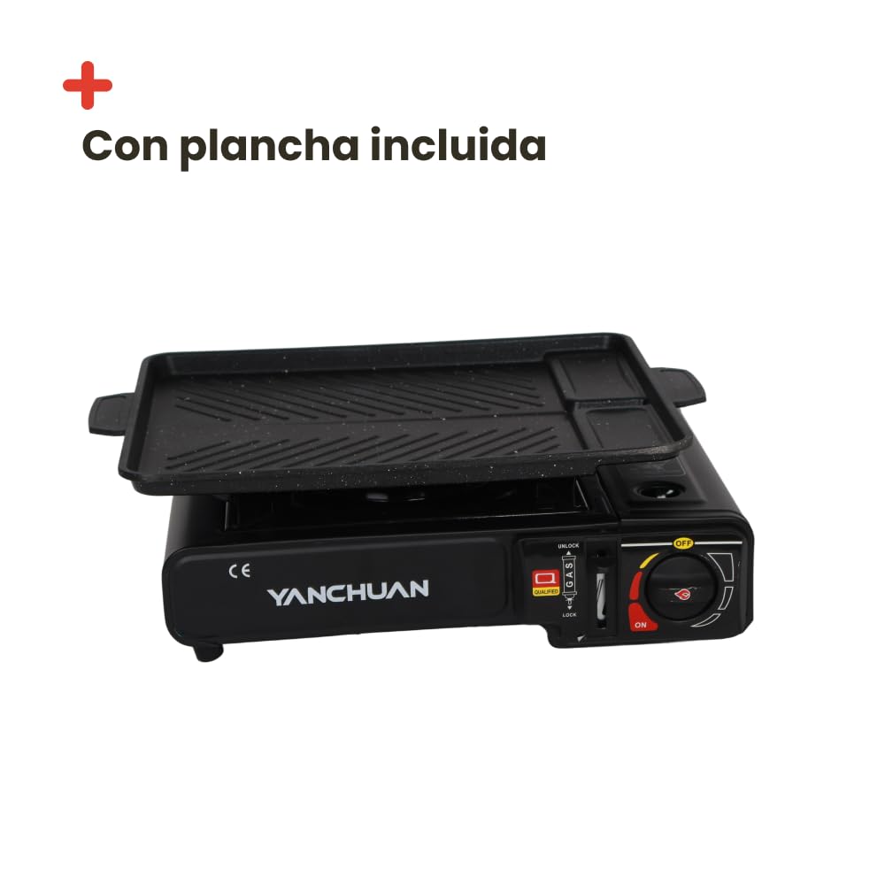 Inuitz Camping Gas Portátil Hornillo – Hornillo Camping Gas Compacto con Cartucho Butano, Ideal para Camping, Picnic y Viajes (Con Plancha)