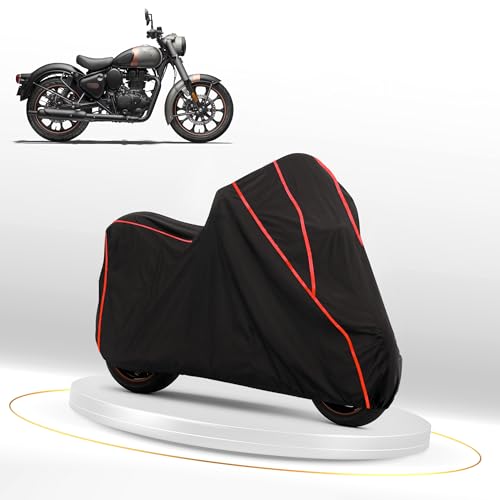 Image of Waterproof Bike Cover for RE Classic 350 | Dustproof, UV Heat Resistant & Windproof with Full Bottom Elastic, Heavy Duty Triple Stitched - Black Polyester