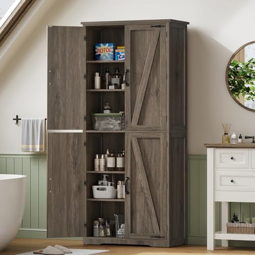 Image of TEENFON Tall Storage Cabinet, Kitchen Pantry Cabinet with 4 Shelves, Adjustable Shelves, Pantry Cabinets with 4 Barn Doors, Tall Kitchen Cabinets for Dining Room, Living Room, Dark Walnut
