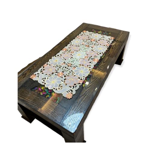Image of MONKDECOR Design - 022 Tissue Cutwork Centre /Dining Table Runner (Size- 15x33 Inches)- Brown