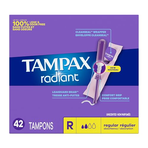 Tampax Radiant Tampons 42 R 2.7X 3/4/ 42ct, Pink and Blue
