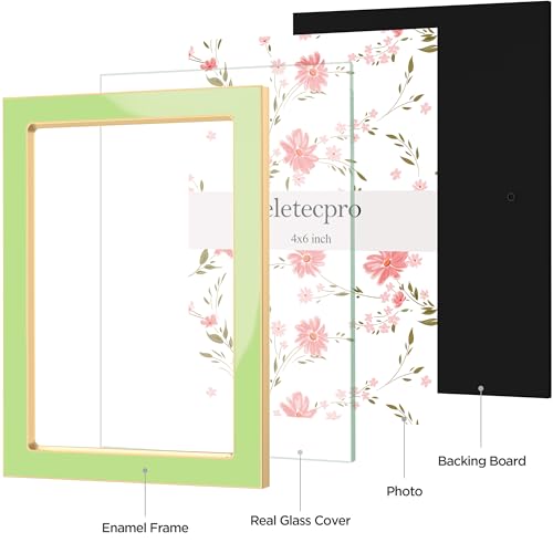 Image of eletecpro 4x6 Enamel Picture Frame with Real Glass Cover, Cute Photo Frame with Gold Metal Edge, Horizontal and Vertical Display Pictures 4 by 6 for Tabletop and Wall Decor, Sage Green, 1 Pack