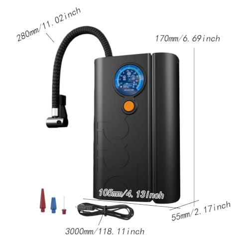 Image of Portable Analog Car Air Pump with Pressure Gauge, 12V DC Power, Flexible Hose, Black (B1)