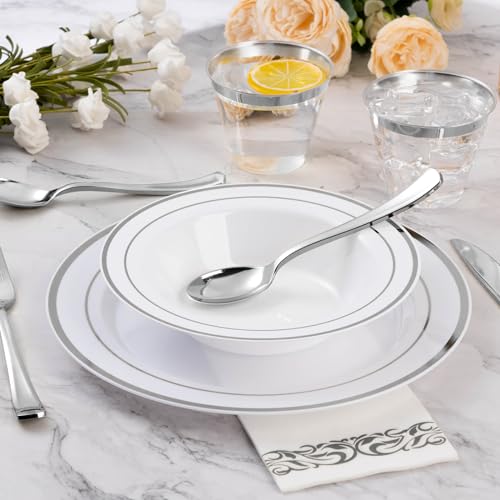 Goodluck 100 Pack Plastic Bowls with Silver Rim, 12oz Disposable Soup Bowls, Heavy Duty Dessert Bowls for Weddings, Parties, Dinners, Catering, and Everyday Use