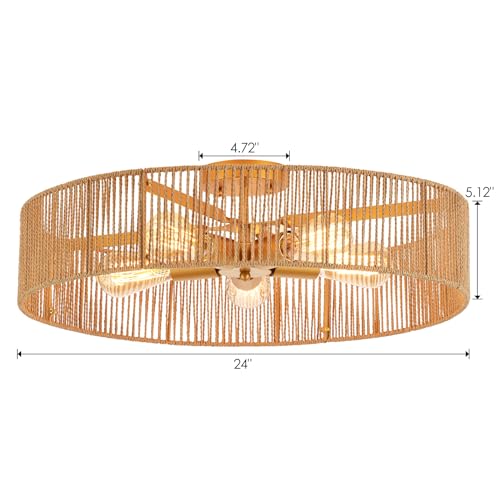 Mhytogn 24 Inch Natural Rattan Flush Mount Ceiling Light Fixture Antique Brass Brush Paint Finish Boho Chandelier For Porch Patio Hallway Bedroom Living Room Kitchen Island 5-Light thumb #5