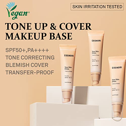 Cosnori Your Skin Dress Tone Up Base – Conceal Pores & Blemish – Tone Correcting Makeup Base With Niacinamide - Spf 50+ Pa+++ For Skin Sun Protection - Porcelain Color For Cool & Warm Tone, 1.69 Fl.oz. #TOP1