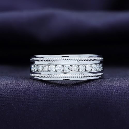 Men Wedding Band Ring Round Sparkling White Cubic Zirconia 7.5MM Width Milgrain Half Eternity Engagement Ring in 18K Gold Plated Jewelry Gift for Him3