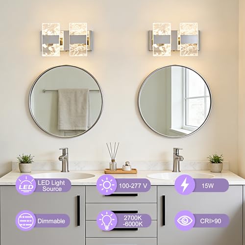 Image of Modern LED Bathroom Light Fixtures Dimmable 2-Light Chrome Vanity Light