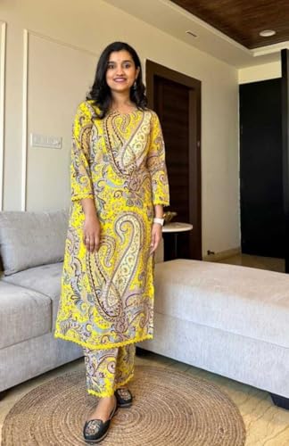 Image of Women's Cotton Printed Straight Kurti with Pant Two Piece Co-ord Set