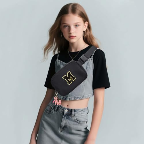 Image of Fanny Pack for Kids Girls 10-12 - Small Waist Belt Bag with Initial Letter Patch and Extender Strap for Women Teen Girl Friends Mini Bum Hip Travel Purse Crossbody Belt Bag Black E
