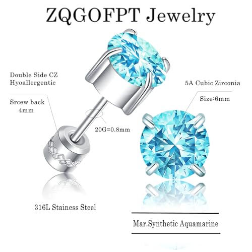 Titanium Flat Back Surgical Stainless Steel Stud Earrings for Women Men,Birthstone Stud Earrings Hypoallergenic Double Side 5A Cubic Zirconia Studs Jewelry 6mm2