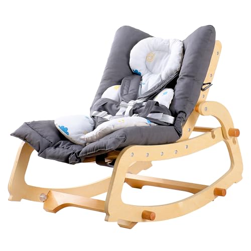 MallBest 3-in-1 Baby Double Cushions Bouncer Adjustable Wooden Rocker Chair Recliner with Removable Cushion and Seat Belt for Infant to Toddler (Grey)