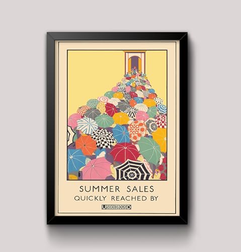 Image of RPW Vintage London Underground SUMMER SALES QUICKLY REACHED BY UNDERGROUND 1920's Wall Art Poster A4 and A3 size 250gsm Gloss Borderless print (A4 Framed - Black Frame)