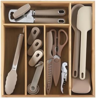 COOK WITH COLOR Bamboo Kitchen Utensil Set with Drawer Organizer | Cooking Tools and Storage Caddy, Brown, 18 Piece Gadget Set