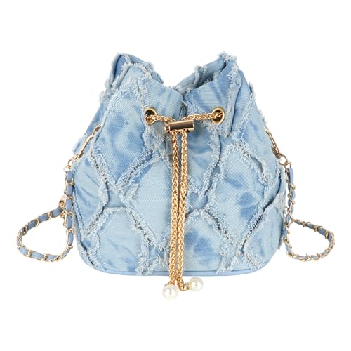 Image of Women Denim Mini Bucket Shoulder Crossbody Bag Drawstring Quilted Distressed Tassel Barrel Shape Satchel Purse