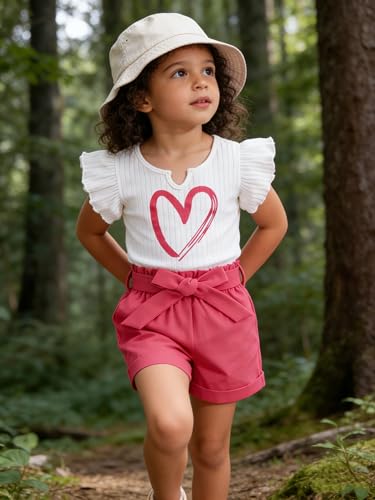 Image of Kids Girl Clothes Heart Print Short Sleeve Top and Shorts Cute Girl Summer Outfits Short Set