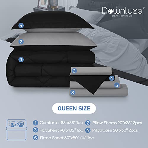 Downluxe Bed In A Bag Queen -7 Pieces Queen Comforter Set With Black And Grey Reversible Comforter, Pillow Shams, Flat Sheet, Fitted Sheet And Pillowcases All Seasons Bedding Comforter Sets #TOP6