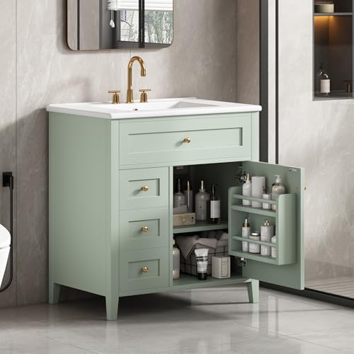 Image of 30 inch Bathroom Vanities with Top Set, Cabinet with Multi-Functional Tip-Out Drawer and Adjustable Shelf, Soft-Closing Door, Solid Wood Legs, Green