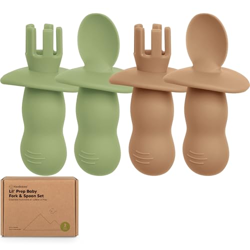 Image of KeaBabies 4-Pack Silicone Baby Spoons and Forks Set - Baby Led Weaning Utensils 6-12 Months, Self Feeding Toddler Spoon & Fork for Training, Teething, Easy to Hold, BPA-Free Silicone(Desert)