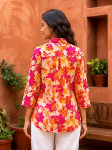 Image of Pure Cotton Long Hemline Shirt for Women Beautiful Printed Collared Neck Casual Western Shirt Top Formal Office Wear