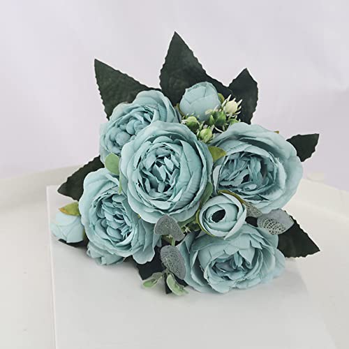 SAMEZA 1 Bouquet 9 têtes Fleurs Artificielles Pivoine Thé Rose Soie Faux Fleurs pour DIY Salon Maison Jardin Décoration De Mariage,Bleu