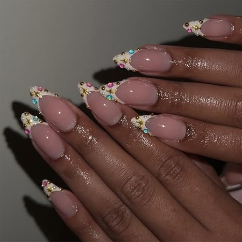 Uñas postizas a presión con forma de almendra, 24 piezas con purpurina, puntas francesas, diseño acrílico, uñas adhesivas para mujer